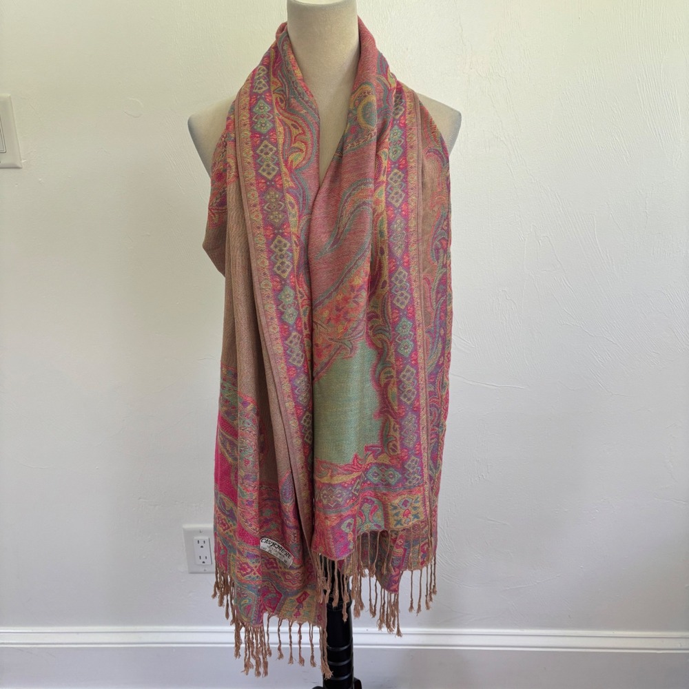 100% Cashmere Reversible Paisley Print Scarf Shawl Wrap Fringe Festival Boho